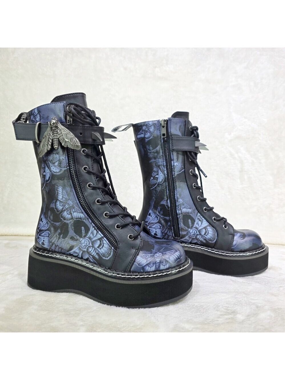 NIB NEW DEMONIA Emily Death Moth Skull Graphic Platform Goth Punk Mid Calf Boots - Picture 5 of 16